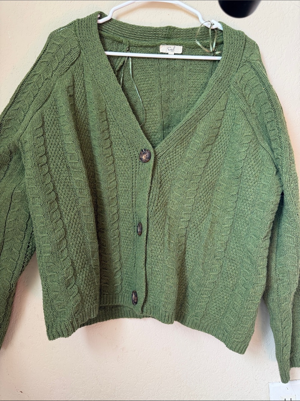 easel Olive Green Cable Knit V-Neck Cardigan